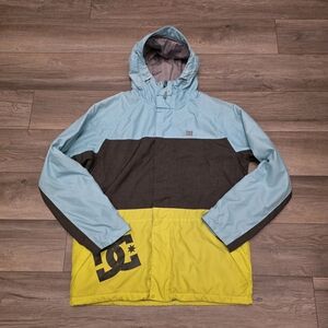 DC Colorblock Hooded Ski Jacket in Light Blue, Gray, Yellow